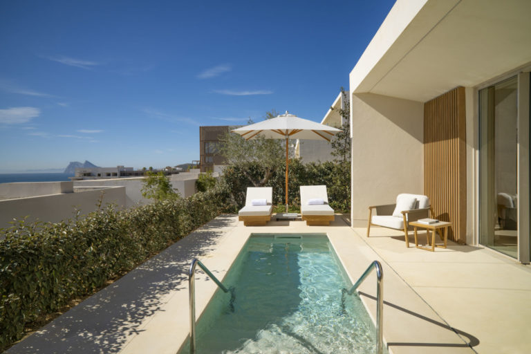 Fairmont La Hacienda Hotel , Room 1022, Terrace and plunge pool, views to Gibraltar. and Africa